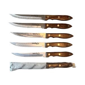 Vtg Cordon Bleu 5” Steak Knife High Carbon Japan Serrated Wood Handle 6 Pc